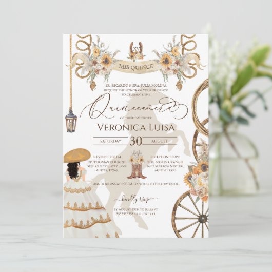 Rustikale Blütenblume Charro Kleid Quinceanera Einladung (Stehend Vorderseite)