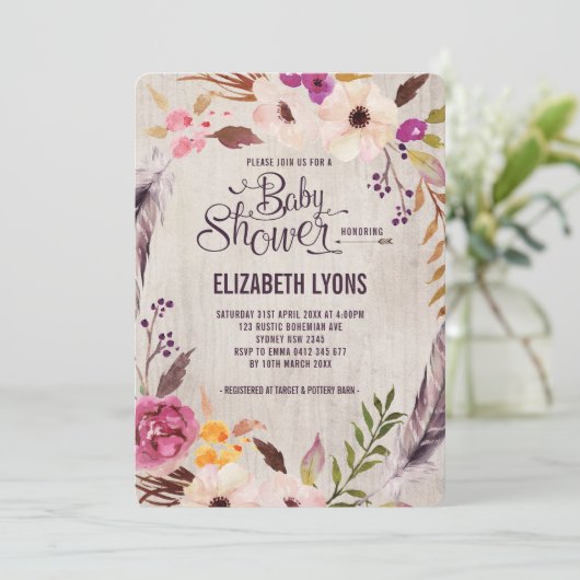 Rustikale Blütendusche Einladung Boho Party (Stehend Vorderseite)