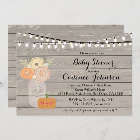 Rustikale Blütendusche Orange Pink Girl Baby Einla Einladung (Vorne/Hinten)