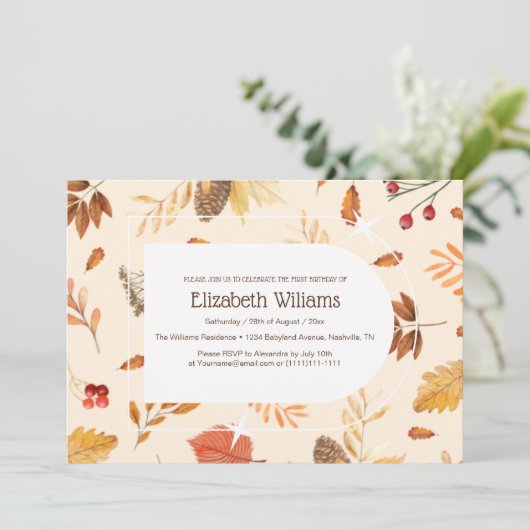 Rustikale Blütendusche und botanische Foliage Baby Einladung (Stehend Vorderseite)