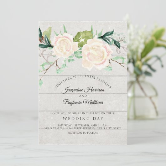 Rustikale Blütenfarbe Elegante Blumenwelt Elfenbei Einladung (Stehend Vorderseite)