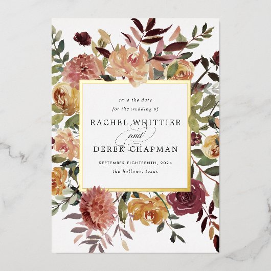 Rustikale Blütenfolie Save the Date Karte (Vorderseite)