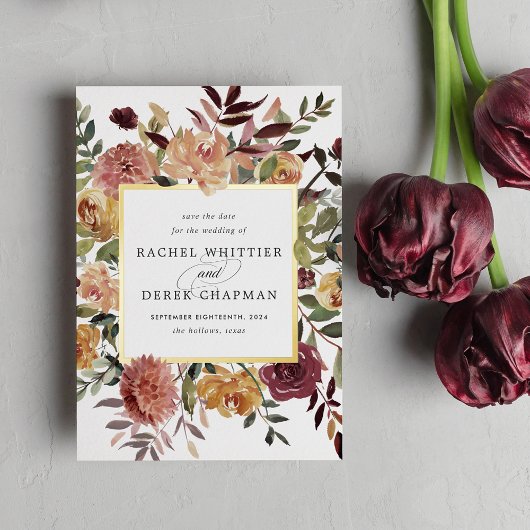 Rustikale Blütenfolie Save the Date Karte