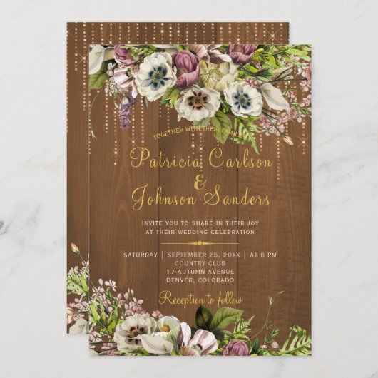 Rustikale Blütengold-Drehbuch Herbst Holzhochzeit Einladung (Vorne/Hinten)