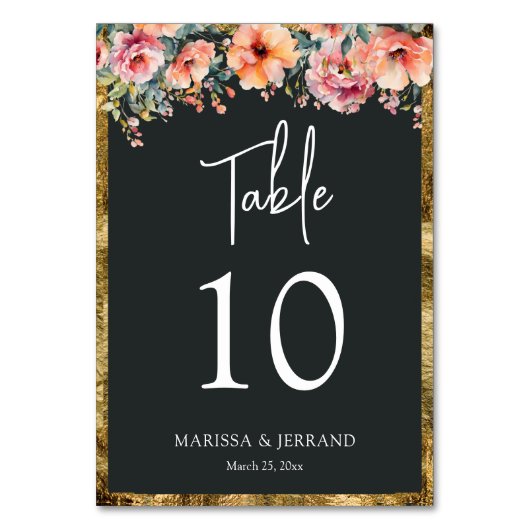 Rustikale Blütengoldrahmen mit grünem Hochzeitstis Tischnummer (Rückseite)