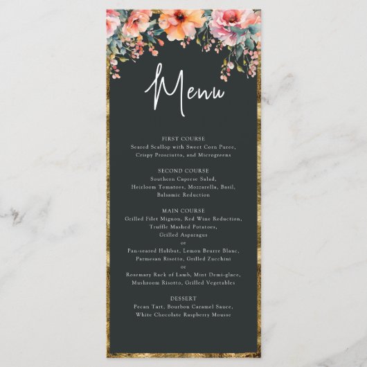 Rustikale Blütengoldrahmen mit grüner Hochzeit Menükarte (Vorderseite)