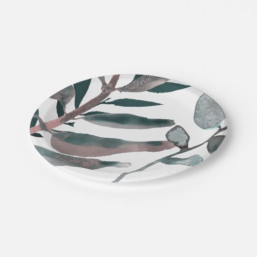 Rustikale Blütengrün Botanische Blätter Wasserfarb Pappteller (Schrägansicht)