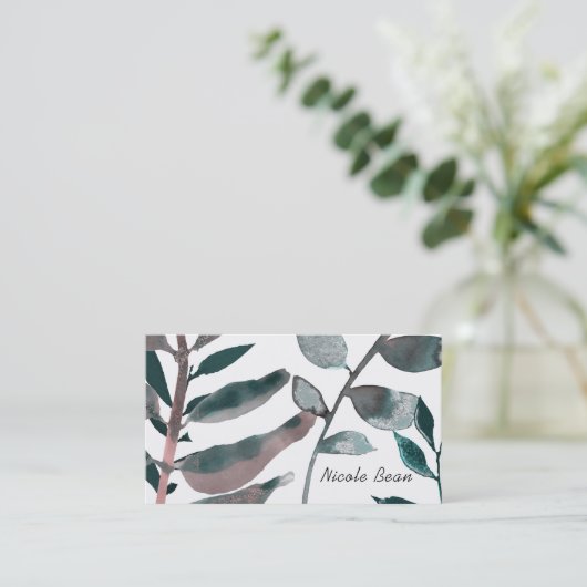 Rustikale Blütengrün Botanische Blätter Wasserfarb Visitenkarte (Stehend Vorderseite)