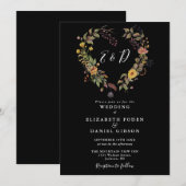 Rustikale Blütenherz Schwarz-Weiß-Hochzeit Einladung (Vorne/Hinten)