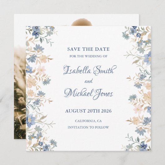 Rustikale Blütenhochzeit Boho Blue und Beige Save The Date (Vorne/Hinten)
