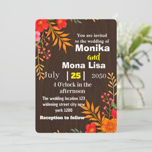 Rustikale Blütenhochzeit Einladung mit Holz (Stehend Vorderseite)