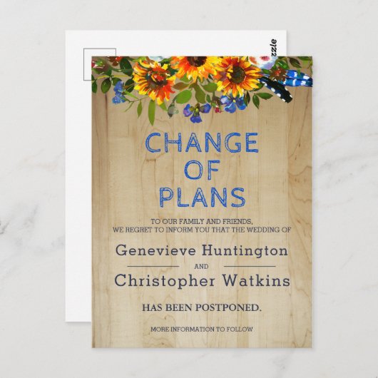 Rustikale Blütenholz-Hochzeit verzögert Stornierun Postkarte (Vorne/Hinten)