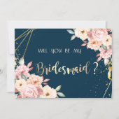 Rustikale Blütenkarte, Blue Bridesmaid Card, Gold Einladung (Vorderseite)