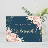 Rustikale Blütenkarte, Blue Bridesmaid Card, Gold Einladung (Stehend Vorderseite)