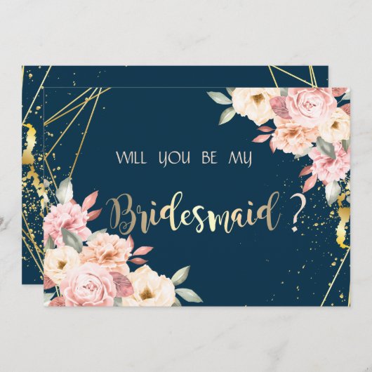 Rustikale Blütenkarte, Blue Bridesmaid Card, Gold Einladung (Vorne/Hinten)