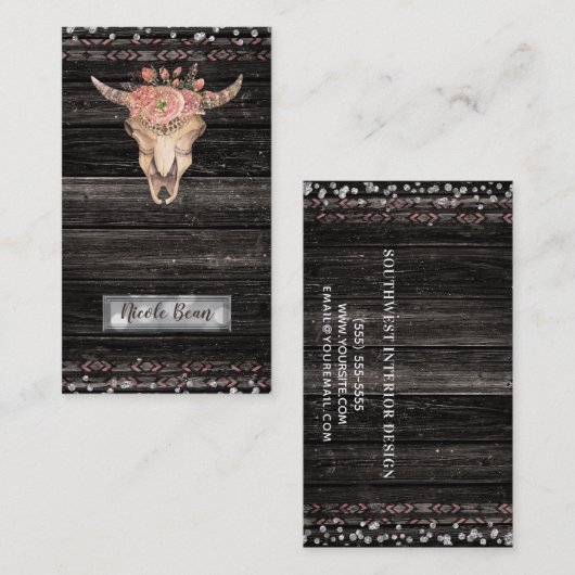 Rustikale Blütenkuh Skull Boho Chic Glam Custom Visitenkarte (Vorne/Hinten)