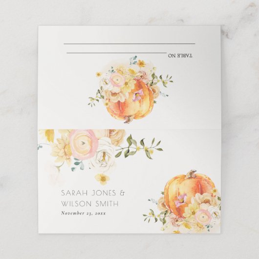 Rustikale Blütenorange Platzkarte (Außenseite Aufgefaltet)