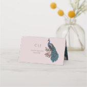 Rustikale Blütenpink-Pfauenhochzeit Platzkarte (Rückseite)