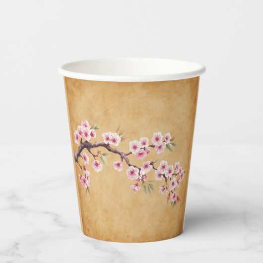 Rustikale Blütenrolle Cherry Blossom Hochzeit Pappbecher (Rückseite)