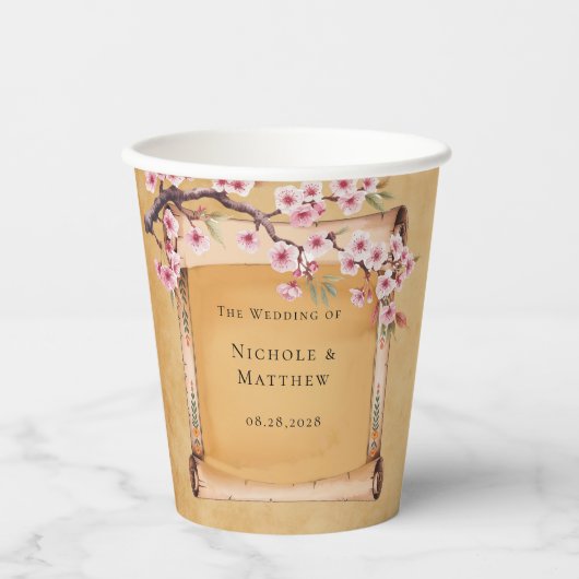 Rustikale Blütenrolle Cherry Blossom Hochzeit Pappbecher (Vorderseite)