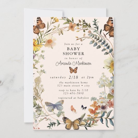 Rustikale Blütenschmetterlingsweibchen Neutrale Ba Einladung (Vorderseite)
