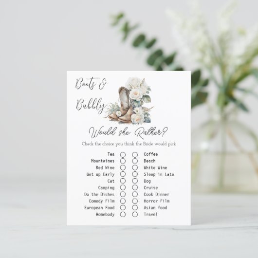 Rustikale Blütenstiefel Brautparty Game Card (Stehend Vorderseite)