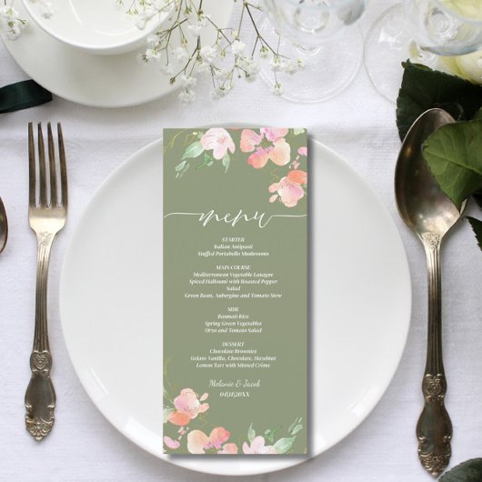 Rustikale Blütenzeit Grüne flache Hochzeit Menükarte