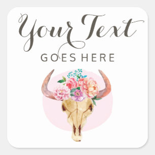Rustikale Bohemian-Kuhschädel-Wasserfarbe-Rosé-Blu Quadratischer Aufkleber