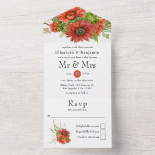 Rustikale Bohemian-Rote-Sonnenblumen-Hochzeit Alle All In One Einladung