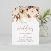 Rustikale Bohemisch Terracotta Rose Goldene Hochze Folieneinladung (Stehend vorne)
