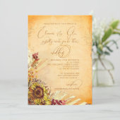 Rustikale Bohemische 2 Sonnenblumenhochzeit Einladung (Stehend Vorderseite)