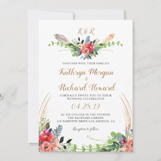 Rustikale Bohemische Floral-Aquarell-Monogramm-Hoc Einladung (Vorderseite)