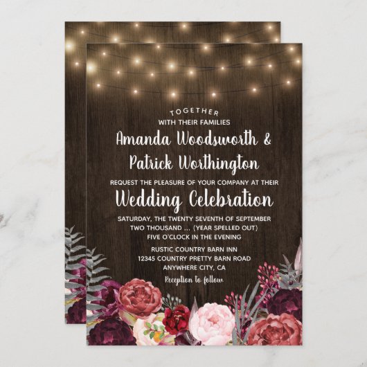 Rustikale Bohemische Marsala Peony Wedding Einladu Einladung (Vorne/Hinten)