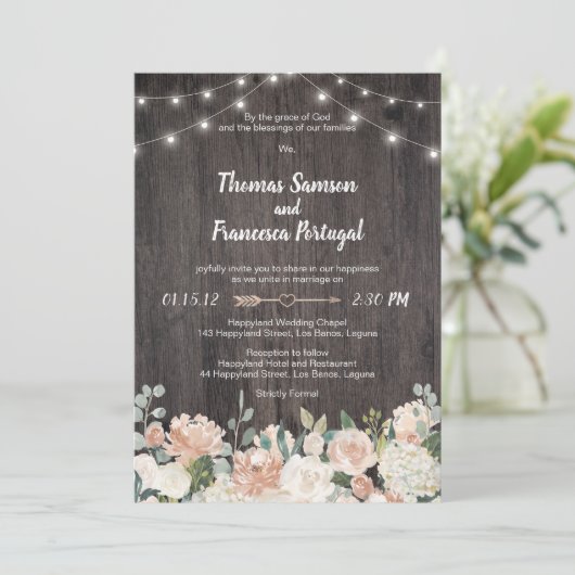 Rustikale Bohemische Saitenleuchten Einladung (Stehend Vorderseite)