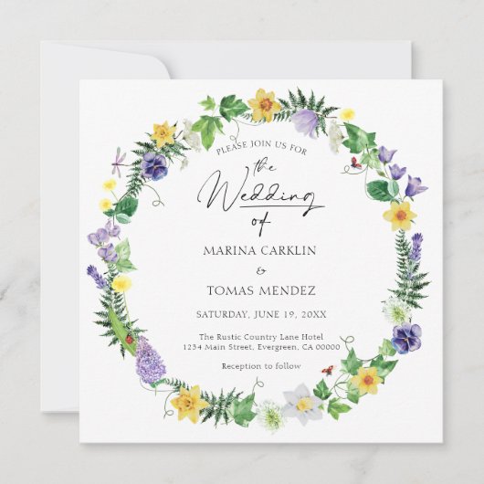 Rustikale Bohemische Wildblume Hochzeit Einladung (Vorderseite)