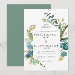 Rustikale Boho Aquamarin Blue Botanical Gold Weddi Einladung