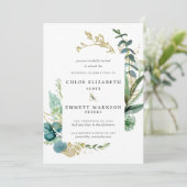 Rustikale Boho Aquamarin Blue Botanical Gold Weddi Einladung (Stehend Vorderseite)