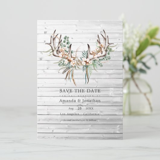 Rustikale Boho-Baumwolle und Eukalyptus-Bohemische Save The Date (Stehend Vorderseite)