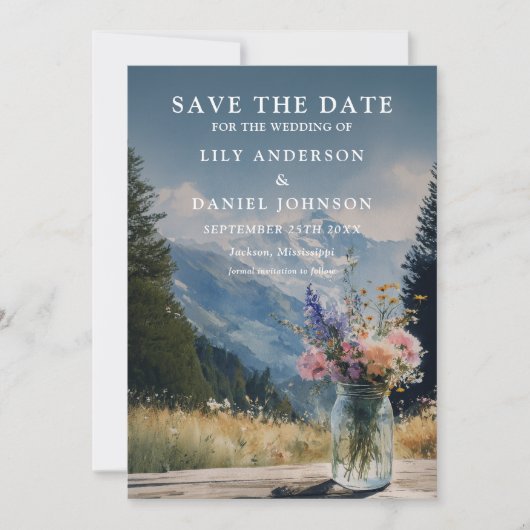 Rustikale Boho-Berg-Blumen-Hochzeit im Mason-Style Save The Date (Vorderseite)
