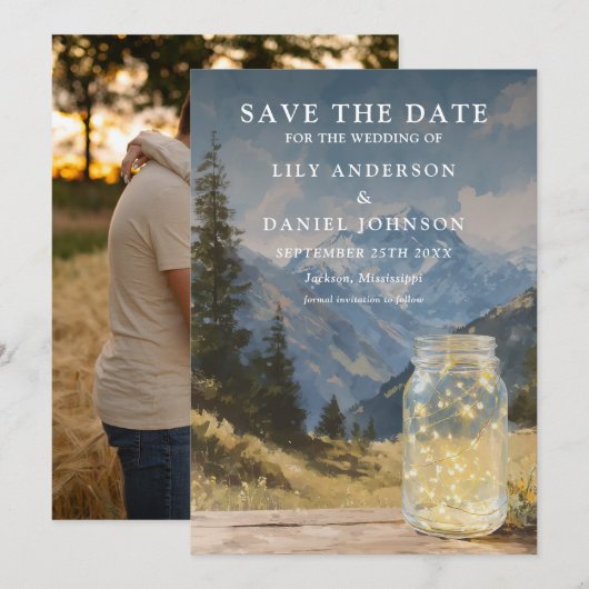 Rustikale Boho-Berg-Mason-Jar-Foto-Hochzeit Save The Date (Vorne/Hinten)