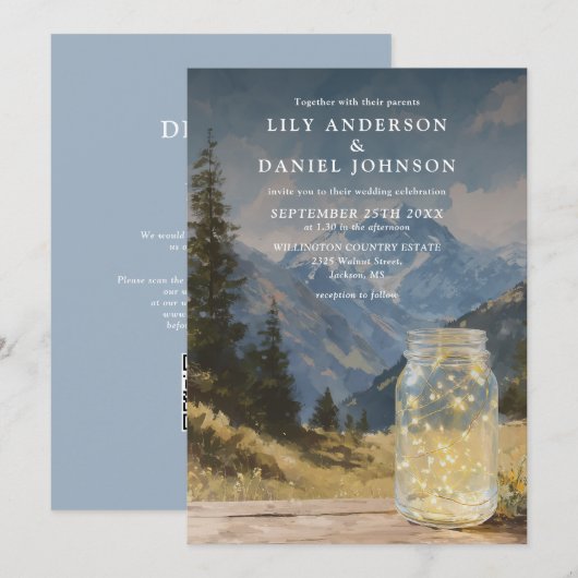 Rustikale Boho-Berg-Mason-Jar-QR-Code-Hochzeit Einladung (Vorne/Hinten)