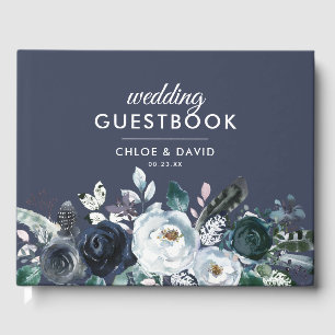 Rustikale Boho Blaue Florale Wasserfarben-Hochzeit Gästebuch