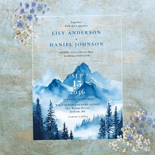 Rustikale Boho Blue Watercolor Mountain Wedding Acryleinladungen