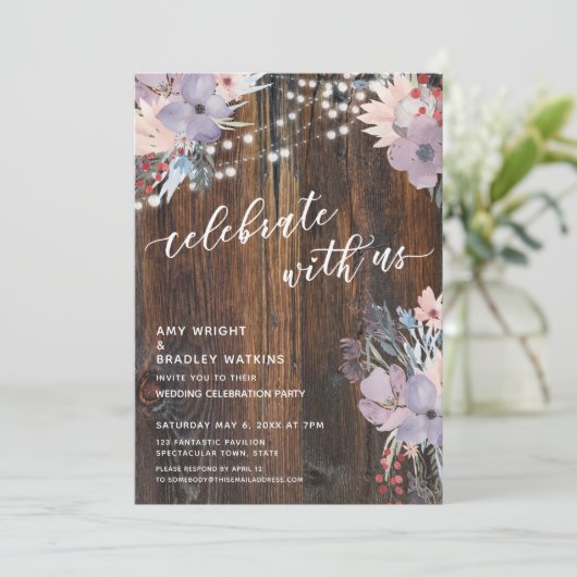 Rustikale Boho Blume & Lights feiern mit uns Einladung (Stehend Vorderseite)