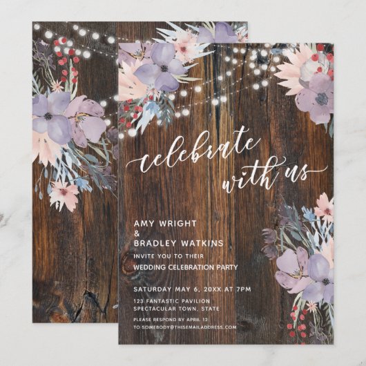 Rustikale Boho Blumen & Lichter Feiert mit uns Einladung (Vorne/Hinten)