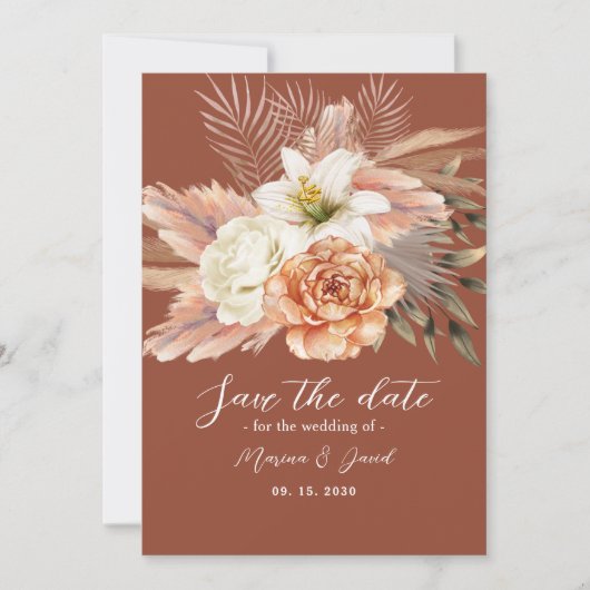 Rustikale Boho-Blumen-Terrakotta-Hochzeit Save The Date (Vorderseite)
