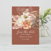 Rustikale Boho-Blumen-Terrakotta-Hochzeit Save The Date (Stehend Vorderseite)