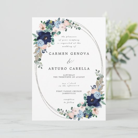 Rustikale Boho Blush Pink Dusty Blue Floral Weddin Einladung (Stehend Vorderseite)