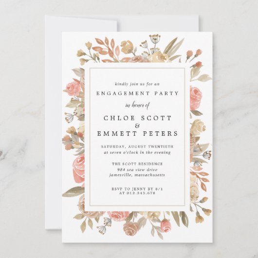 Rustikale Boho Blush-Rose: florale Engagement Part Einladung (Vorderseite)