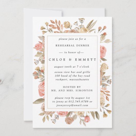Rustikale Boho Blush Rose Probe Abendessen Einladung (Vorderseite)